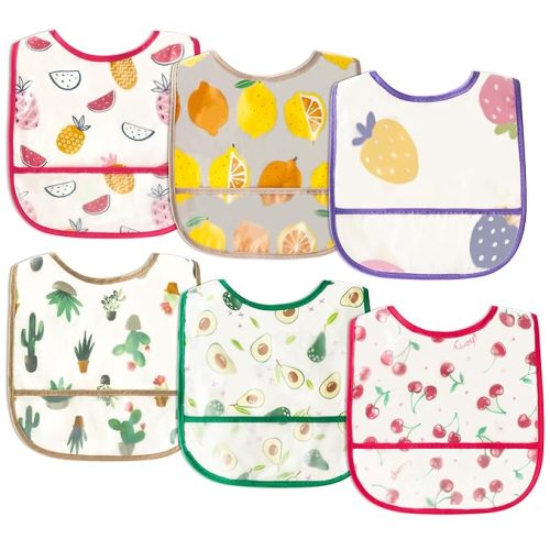 6Pcs Baby Bibs for Eating Toddler Feeding Bibs with Crumb Catcher Pocket Fruit Adjustable Sleeveless Teething Plastic Food Bib Set Waterproof Infant Keepsake Gift for Baby Shower, 6-24 Months
