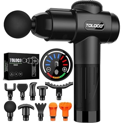 TOLOCO Massage Gun, Deep Tissue Back Massage for Athletes for Pain Relief, Percussion Massager with 10 Massages Heads & Silent Brushless Motor, Black