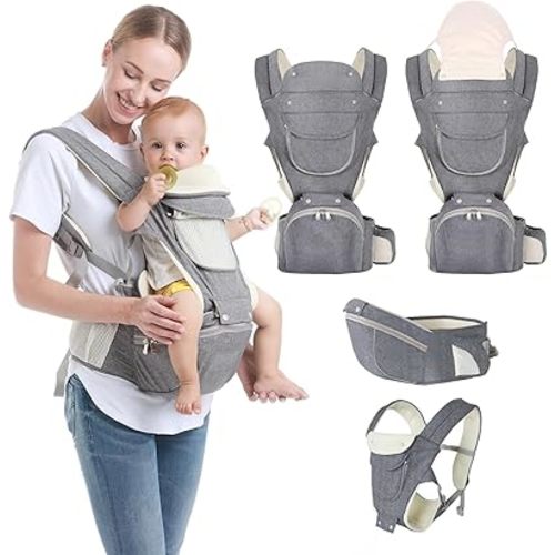 Baby Carrier, 6-in-1 Newborn to Toddler Carrier(7-50lbs), Front & Back Carrier with Detachable Hip Seat, Soft & Adjustable, All Seasons, Ideal for Mom & Dad, Perfect for Shopping & Travel (Grey)
