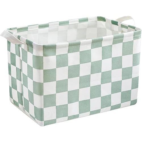 Sage Green Checkered Canvas Basket, Rectangular Organizing Decorative Storage Basket for Kids, Dog Toy, Cute Aesthetic Checkered Room Decor for Home, Kitchen, Bedroom, Classroom, Shelves