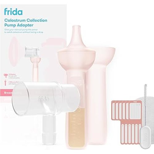 Frida Mom Colostrum Pump Adapter, Connects to Frida Manual Breast Pump to Catch Colostrum, Includes Adapter, 2 Colostrum Collectors, 6 Labels, Cleaning Brush & Cloth, Safe Materials, 11pc kit