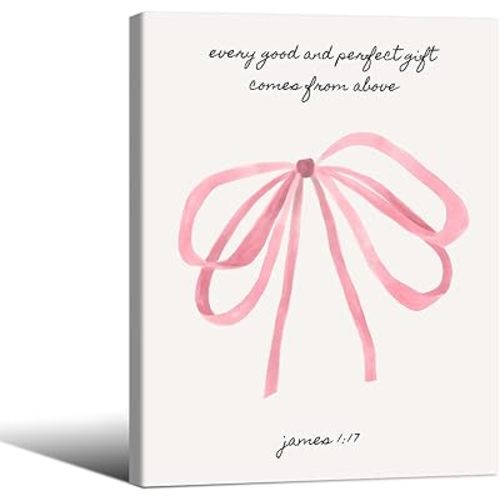 Christian Bible Verse Poster Trendy Pink Bow Canvas Wall Art 12x16in Framed Cute Inspirational bible Scripture Religious Print for Girl Living Room Dorm Decor