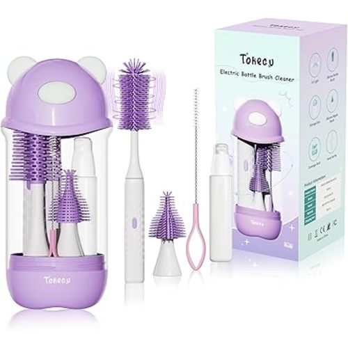 Electric Bottle Brush Cleaner Set, Bear-Shaped Travel Baby Bottle Cleaner Kit with Silicone Nipple & Straw Brush, Soap Dispenser, Drainage Rack, Storage Box(Purple)
