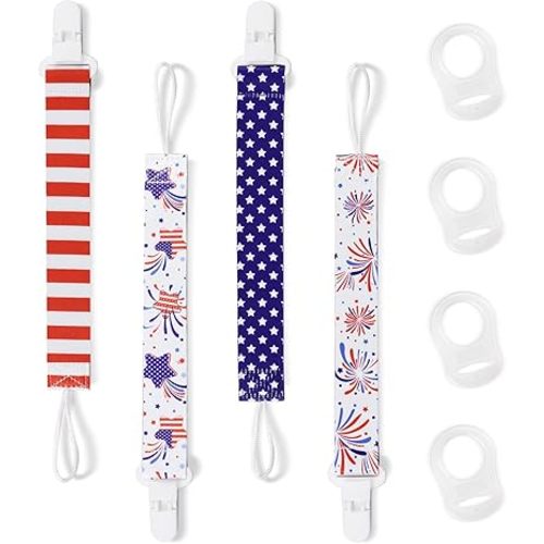4 Pack Pacifier Clips for Boys Girls, Dummy Clips Baby with Adapters, Silicone Binky Clips for Baby Teething Toys Baby Shower (Flag Color)