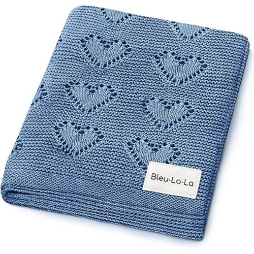 Heirloom Knit Heart Receiving Unisex Blanket for Boys - 100% Luxury Cotton Baby Blanket - Soft Warm Swaddle Crib Receiving Blanket for Newborns Infants & Toddlers (Denim Blue)