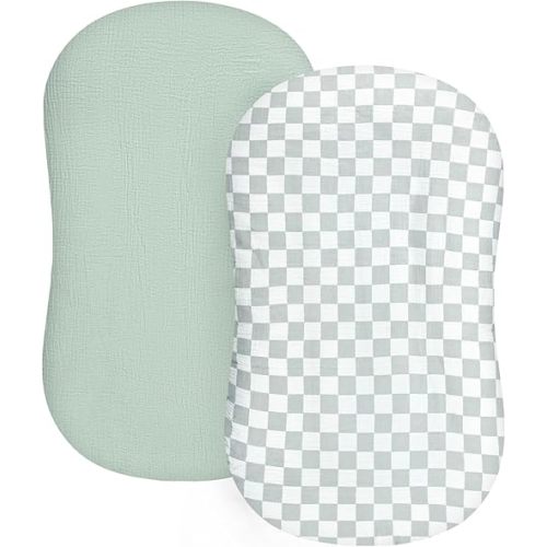 DILIMI Baby Lounger Covers, 2 Pack Muslin Newborn Lounger Cover, Soft Comfortable Removable Infant Pillow Slipcover for Girl and Boy, Green Checkered (Lounger not Included)