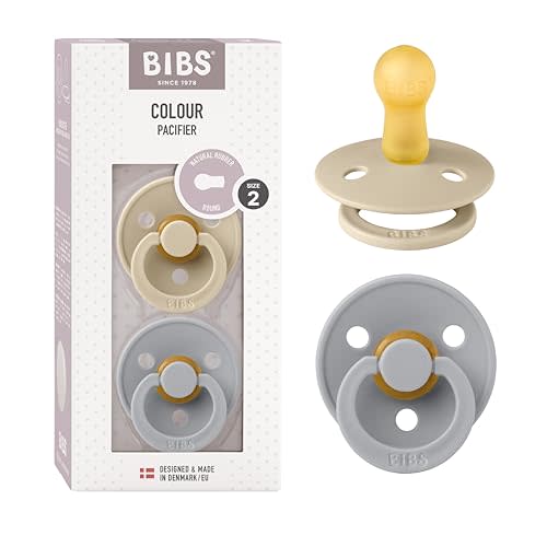 BIBS Pacifiers Colour Collection | Natural Rubber Baby Pacifier | Set of 2 BPA-Free Soothers | Made in Denmark | 0+ Months (Pack of 2) | Vanilla/Cloud