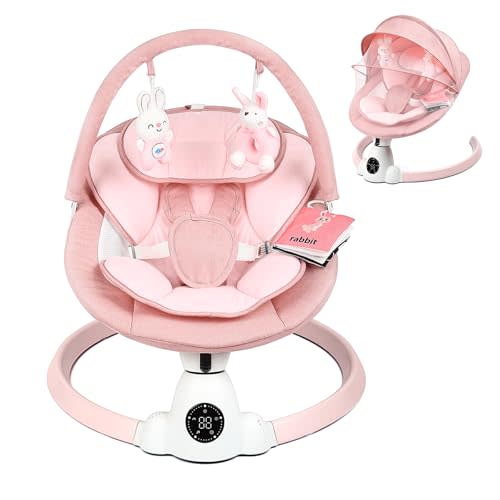 Uuoeebb Baby Swing for Infants, Portable Electric Baby Swings with Bluetooth, 5 Swing Speed, 10 Lullabies, 5-Point Harness, Remote Control & Touch Panel - Infant Swing for Indoor & Outdoor Use, Pink