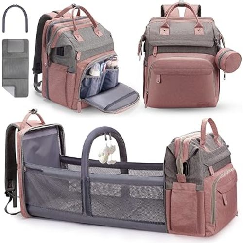 DERJUNSTAR Diaper Bag Backpack – Large Capacity Baby Diaper Bag with Changing Pad, Waterproof Travel Backpack for Boys & Girls, Multi-Function Baby Bag with USB Charging Port, Rose Pink