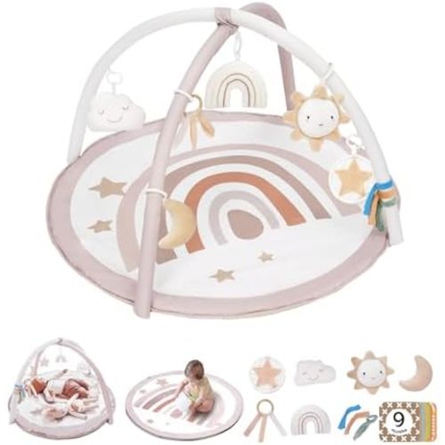 Baby Play Gym Mat, Tummy Time Activity Mat with 7 Detachable Toys and 12 Milestone Cards for Stage-Based Sensory and Motor Skill Development, Washable Play Mats for Infant, Newborn Baby Essentials
