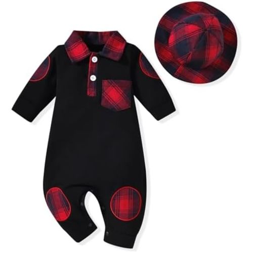 Unutiylo Newborn Baby Boy Romper – Plaid Polo Bodysuit Jumpsuit Fall Winter Outfits with Hat