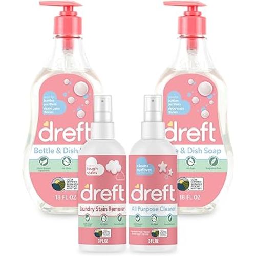 DREFT Bottle and Dish Soap Baby Gift Set - Bonus Travel Size Dreft All Purpose Cleaner & Stain Remover - Made to Clean Baby Essentials - Plant Based Ingredients, Fragrance Free Formula - 4 Piece Set