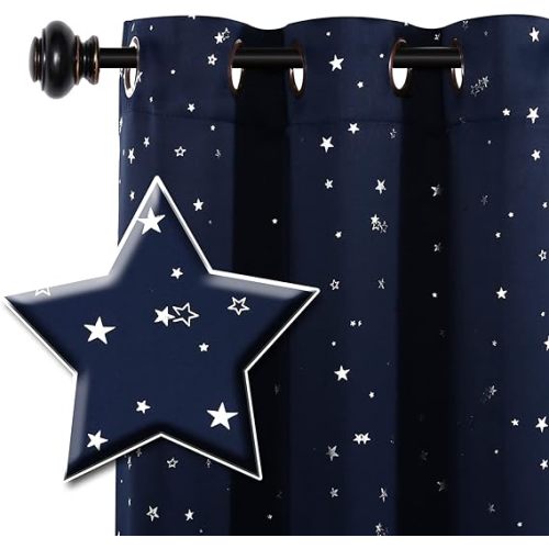 H.VERSAILTEX Blackout Star Curtains for Kids Room Boys Girls Twinkle Silver Stars Thermal Insulated Cute Thick Soft Curtain Drapes, Grommet Top, 1 Panel, 40" W x 63" L, Navy