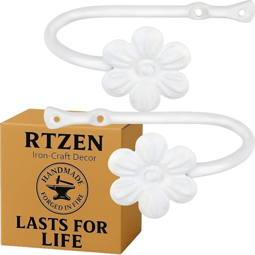 Decorative Metal Curtain Tiebacks - Farmhouse Wrought Iron Curtain Holdbacks - Drapery Holders for Wall - Unique Metal Tie Backs for Curtains - 2 Pcs (White Flower)