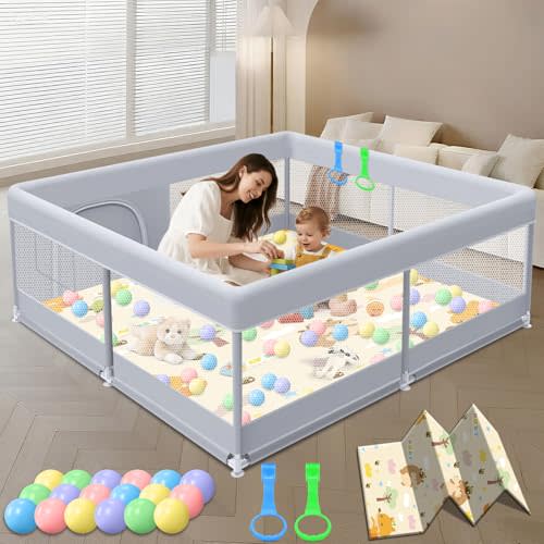 XVISHX Baby Playpen with Mat, 50x50 Inch Play Pen, Playpen for Babies and Toddlers, Baby Playard for Indoor & Outdoor Active Center Game Fence, with Skin-Friendly Fabric and Soft Breathable Mesh