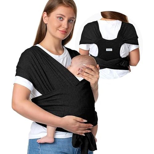 Momcozy Baby Wrap Carrier Skin-Friendly Fabric, Easy to Wear Baby Carrier Sling T-Shirt Design, Hands Free Baby Carriers Newborn to Toddler 8-35lbs, Adjustable Buckle Suit for Waist Waist 47-57, Black