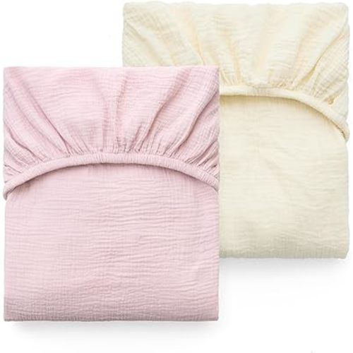 Momcozy Muslin Standard Fitted Crib Sheets, 52"x28", 2 Pack Soft Breathable Natural Cotton Baby Mattress Sheet, 360° Mattress Wrapping No Slip Boys Girls Neutral Toddler Bed Sheet, Beige Blush