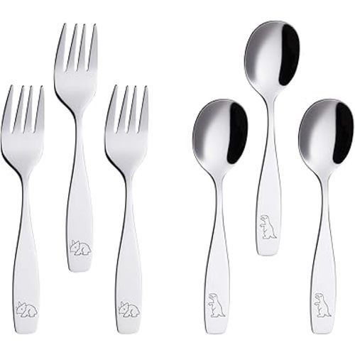 ANNOVA Kids Silverware 6 Pieces Children's Safe Flatware Set Stainless Steel - 3 x Children Forks, 3 x Tablespoons, Toddler Utensils, Metal Cutlery for Lunchbox (Engraved Dinosaurs) (6 Forks & Spoon)