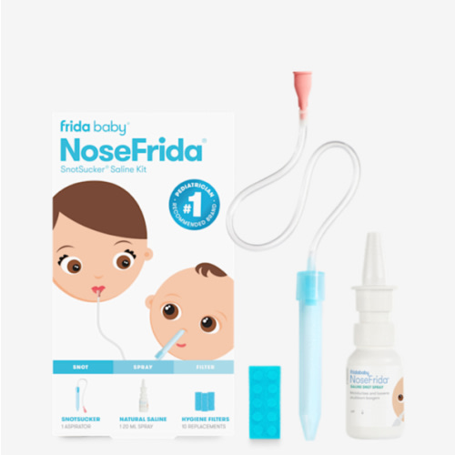Frida Baby Saline Kit, Includes NoseFrida Nasal Aspirator for Baby, Baby Nose Sucker, Saline Nasal Spray for Babies with 10 Extra Hygiene Filters, Nasal Spray Decongestant, 0.68 fl oz
