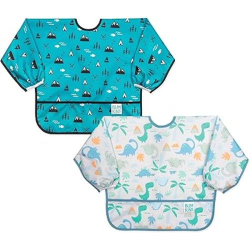 Bumkins - Sleeved Bib - For Boys & Girls, Babies & Toddlers 6-24 Months - Lightweight, Durable, Waterproof -Long Sleeve Bib -Catch-All Pocket -Wipeable & Machine Washable -Dinosaurs & Outdoors -2 Pack