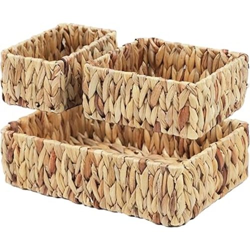 Wicker Baskets for Organizing, Woven Storage Baskets for Shelves, Water Hyacinth Wicker Baskets for Storage, Decorative Shelf Baskets for Pantry, Set of 3 (Large, Medium, and Small)
