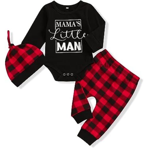 TUEMOS Newborn Infant Baby Boy Clothes Letter Print Romper Pants Set Hat 3PC Outfits Set