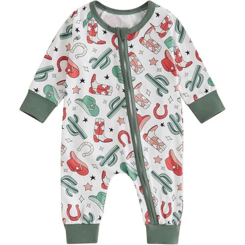 Newborn Baby Boy Girl Footless Onesie Cowboy Hat Cactus Printed Long Sleeve Zip Up Romper Bodysuit Western Clothes - White - 0-3 Months