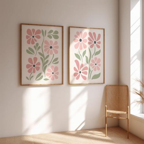 Blush Pink & Sage Green Flower Print, Pastel Floral Nursery Wall Art (Digital Download)