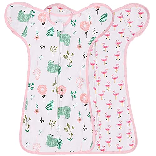 2 Pack Transition Swaddle with 2 Way Zipper, 2 in 1 Arms in/Out Transitional Arms Up Swaddle, 100% Cotton Newborn Swaddles Zipper Swaddles Baby Swaddling Sack Sleeping Sack 0-3 Months, Flamingo & Bear