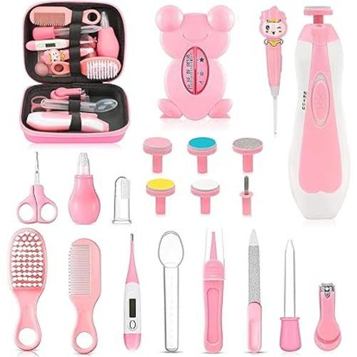 Baby Healthcare and Grooming Kit, 26 in 1 Portable Baby Safety Care Set with Hair Brush Comb Nasal Aspirator Electric Nail Trimmer Set Baby Essentials kit for Newborn Boys Girls (Pink)