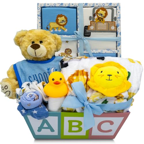 Deluxe 15-Piece New Baby Gift Basket | Newborn Baby Boy Gift Set with Baby Essentials | Baby Gift Basket for Expecting Moms & Parents | Blue Baby Gift Set with Dinosaurs | Nikki's Gift Baskets