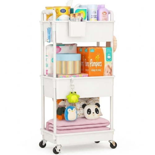 Baby Diaper Caddy Organizer Cart, 3-Tier Rolling Utility Cart with Lockable Wheels for Nursery Essentials, Large Capacity Mobile Storage Carts for Newborn, White