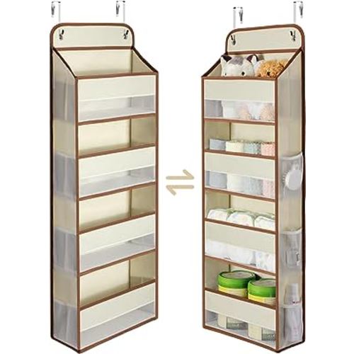Yecaye 1 Pack Over the Door Storage Organizer, 35.2lbs Load Closet Door Organizer Hanging, No Sagging Bathroom Organizer with 4 Bins 6 Side Pockets, Door Storage for Nursery Baby Essentials, Beige