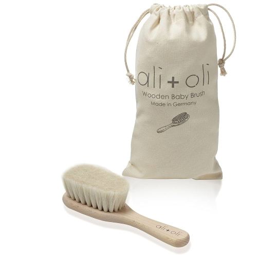 Ali+Oli Newborn Wooden Hair Brush- Baby Brush Set for Newborns- Baby Hair Brush with Mini Loofah- Infant Hair Brush, Cradle Cap, Wooden Baby Brush with Soft Goat Bristle