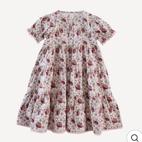 short puff sleeve prairie dress | pink strawberry floral | organic cotton mid-weight woven
