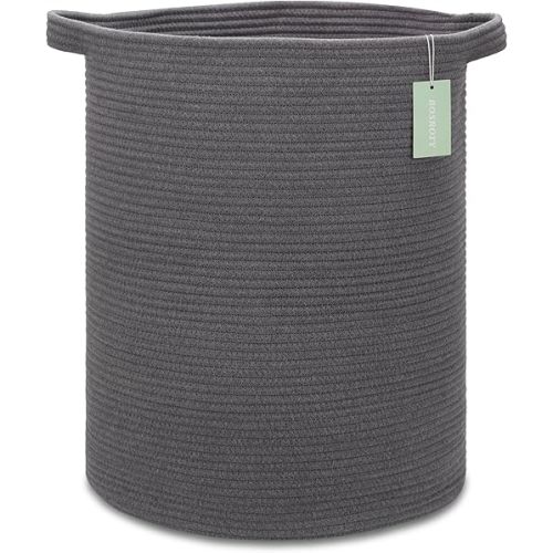Large Cotton Rope Laundry Basket Hamper for Clothes 72L, Woven Storage Basket for Living Room Bedroom, Tall Rope Baskets, Baby Nursery Hamper Bin, Toys Basket, 16”x 22”, Dark Gray