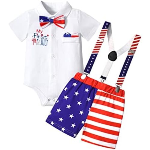 My First 4th of July Baby Boy Outfit,American Flag Romper + Star Stripe Short Pant + Bow Tie 3Pcs Summer Baby Clothes