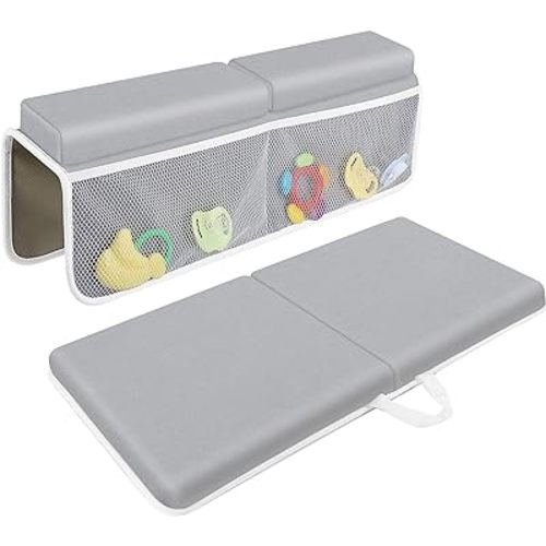 CHILDHOOD Bath Kneeler and Elbow Rest Pad Set - Painless Foam with Toy Organizer Pockets, Foldable, Quickly Dry Bathtub Kneeler and Elbow Rest Set for Baby Bathing Parents (Grey)