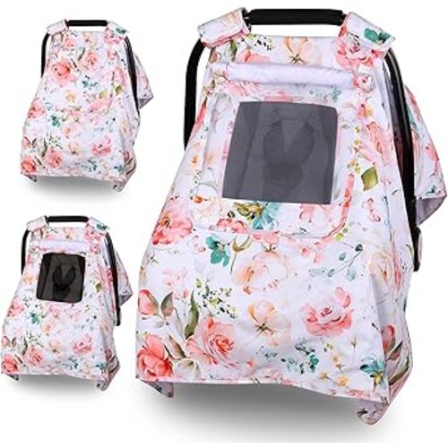 Car Seat Cover Baby, Carseat Covers Baby with 2 Layers Breathable Windows, Windproof Infant Car Seat Cover, Kick-Proof Baby Carrier Cover for Baby Girl Newborn Essentials