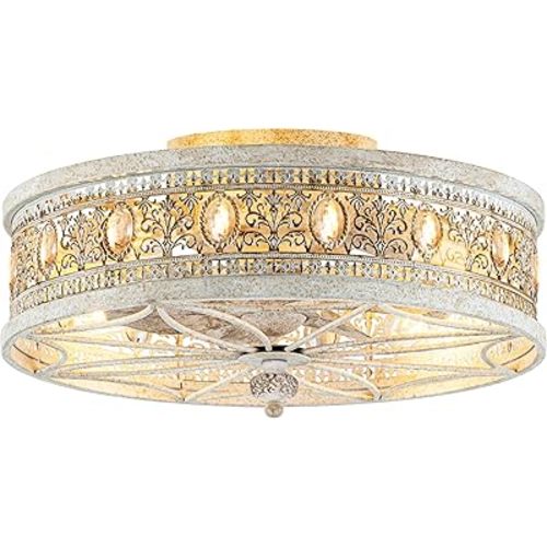 French Country Shabby Chic Crystal Fandelier, Cottage Flush Mount Ceiling Fan with Lights and Remote, Decorative Enclosed Fan for Girls Room, Nursery, Small Bedrooms