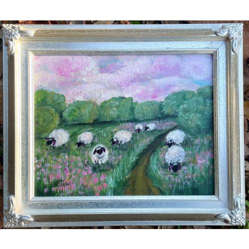 Sheep meadow landscape painting, original floral painting, original floral painting, farm landscape, Easter decor, vintage framed, Christian