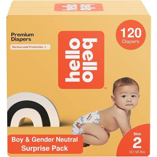 Hello Bello Diapers, Size 2 (10-16 lbs) Surprise Pack for Boys - 120 Count of Premium Disposable Baby Diapers, Hypoallergenic with Soft, Cloth-Like Feel - Assorted Boy & Gender Neutral Patterns 160002 - Boy/Neutral