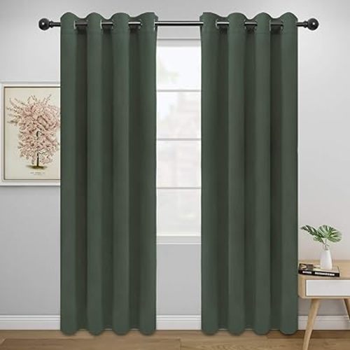 Easy-Going Blackout Curtains for Bedroom, Solid Thermal Insulated Grommet and Noise Reduction Window Drapes, Room Darkening Curtains for Living Room, 2 Panels (52x84 in,Greyish Green)
