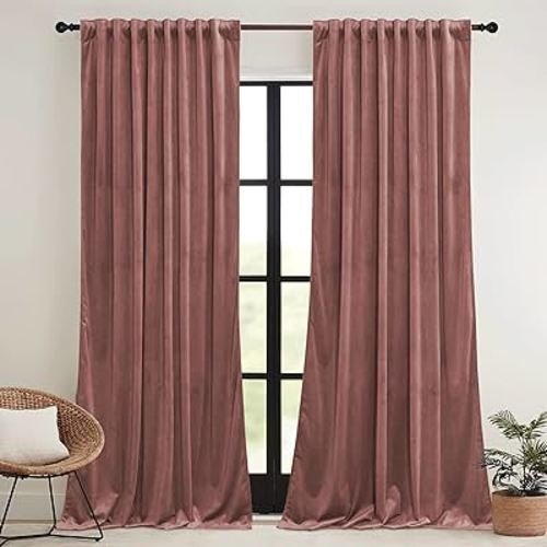 RYB HOME Wild Rose Pink Velvet Curtains 90 inches Long - Super Soft Girl Bedroom Window Decorative Drapes Thermal Insulated Room Darkening Curtains for Guest Room, 2 Panels