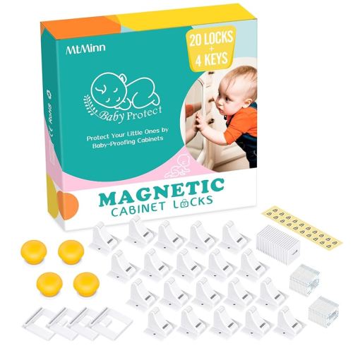 Child Safety Magnetic Cabinet Locks (20 Pack + 4 Keys) - Baby Proofing Cupboard Locks with Key for Toddler-Easy Installation, Invisible, Yellow