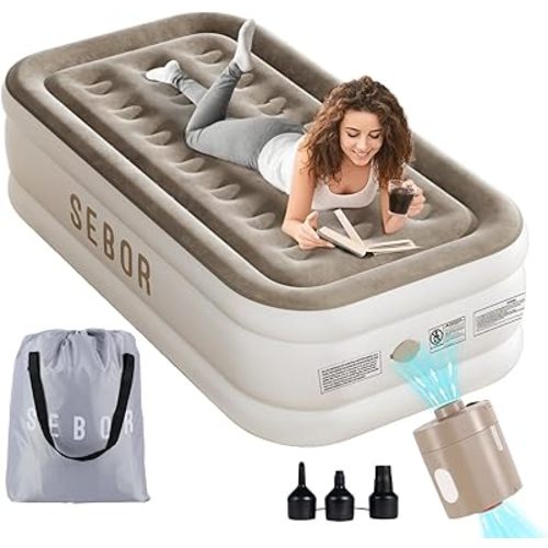 Air Mattress Twin with Built in Pump, 18" Ultimate Comfort Blow up Mattress Twin with Rechargeable Pump, Colchon Inflatable Mattress for Home, Guest, Camping & Office, Air Bed 650lbs Max