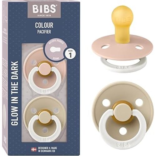 BIBS Pacifiers Colour Collection | Natural Rubber Baby Pacifier | Set of 2 BPA-Free Soothers | Made in Denmark | 0+ Months (Pack of 2) | Blush Night/Vanilla Night