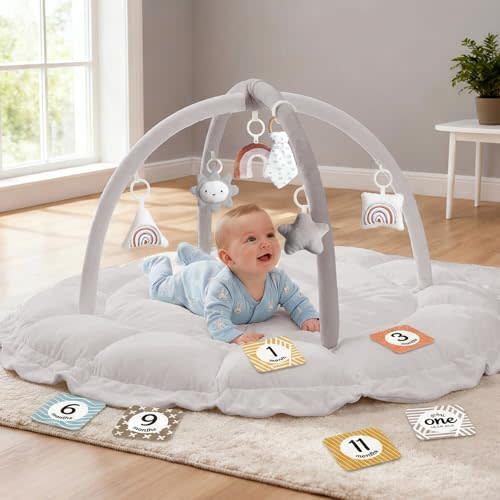 5-in-1 Thick & Plush Baby Play Gym, Baby Play Mats for Floor, Tummy Time Mat with 6 Toys, Convertible Stage-Based Developmental from Babies to Toddlers, Ball Pit, Pet Cushion Cloudico, Grey