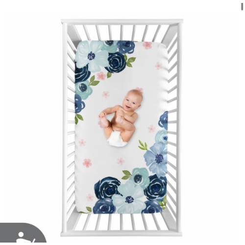 Watercolor Floral Navy Blue and Pink Collection Photo Op Crib Sheet