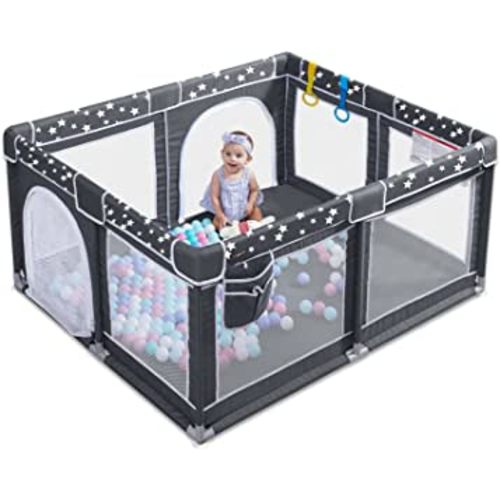 ANGELBLISS Baby Playpen, Large Baby Playard, Play Pens for Babies and Toddlers with Gate, Indoor & Outdoor Play Area for Infants, Kids Safety Play Yard with Star Print (Dark Grey, 50"×50")